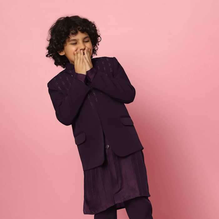 Kalki Wine Sherwani Set In Suiting Fabric With Threadwork For Boys