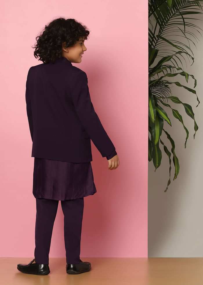 Kalki Wine Sherwani Set In Suiting Fabric With Threadwork For Boys