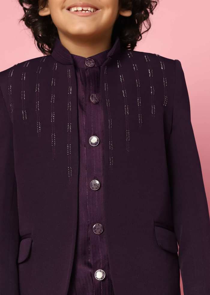 Kalki Wine Sherwani Set In Suiting Fabric With Threadwork For Boys