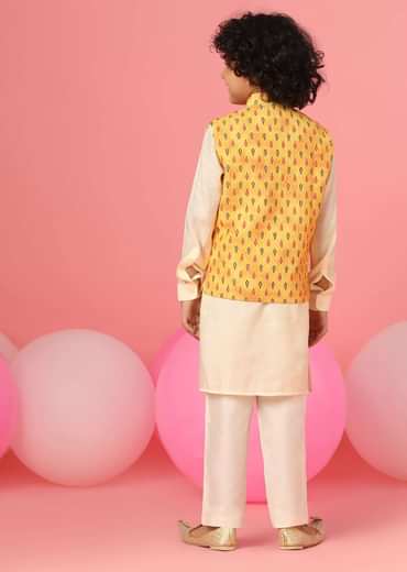 Kalki Winter White Kurta Set In Silk With Aspen Gold Yellow Bandi Jacket For Boys