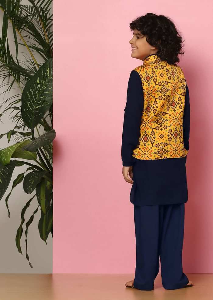 Kalki Yellow Patola Printed Bandi Jacket Set In Tussar Silk For Boys