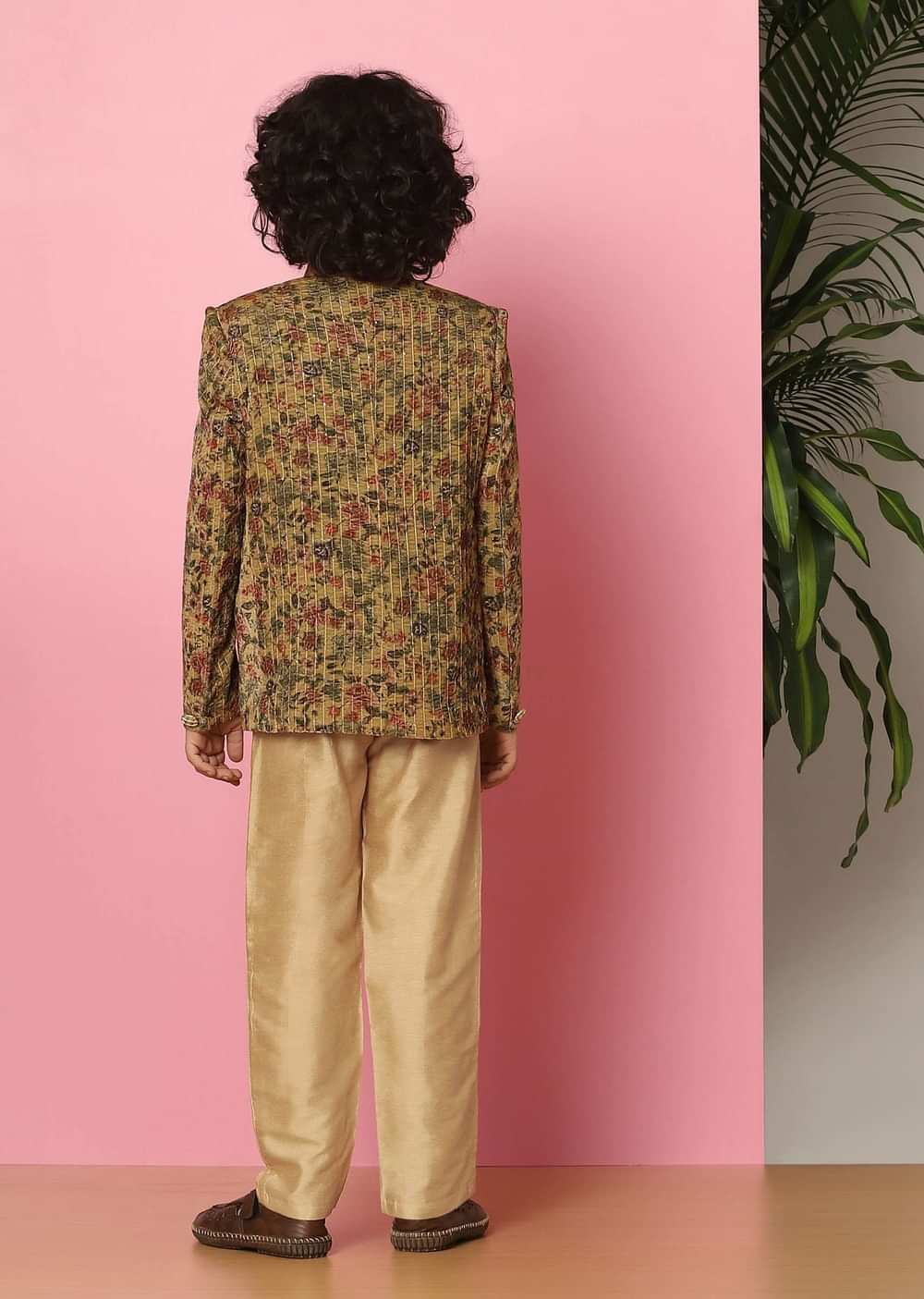 Kalki Yellow Velvet Sherwani Set With Sequins And Floral Print For Boys