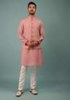 Salmon Pink Bandi Jacket Set In Linen With Blooming Floral Embroidery