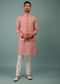 Salmon Pink Bandi Jacket Set In Linen With Blooming Floral Embroidery