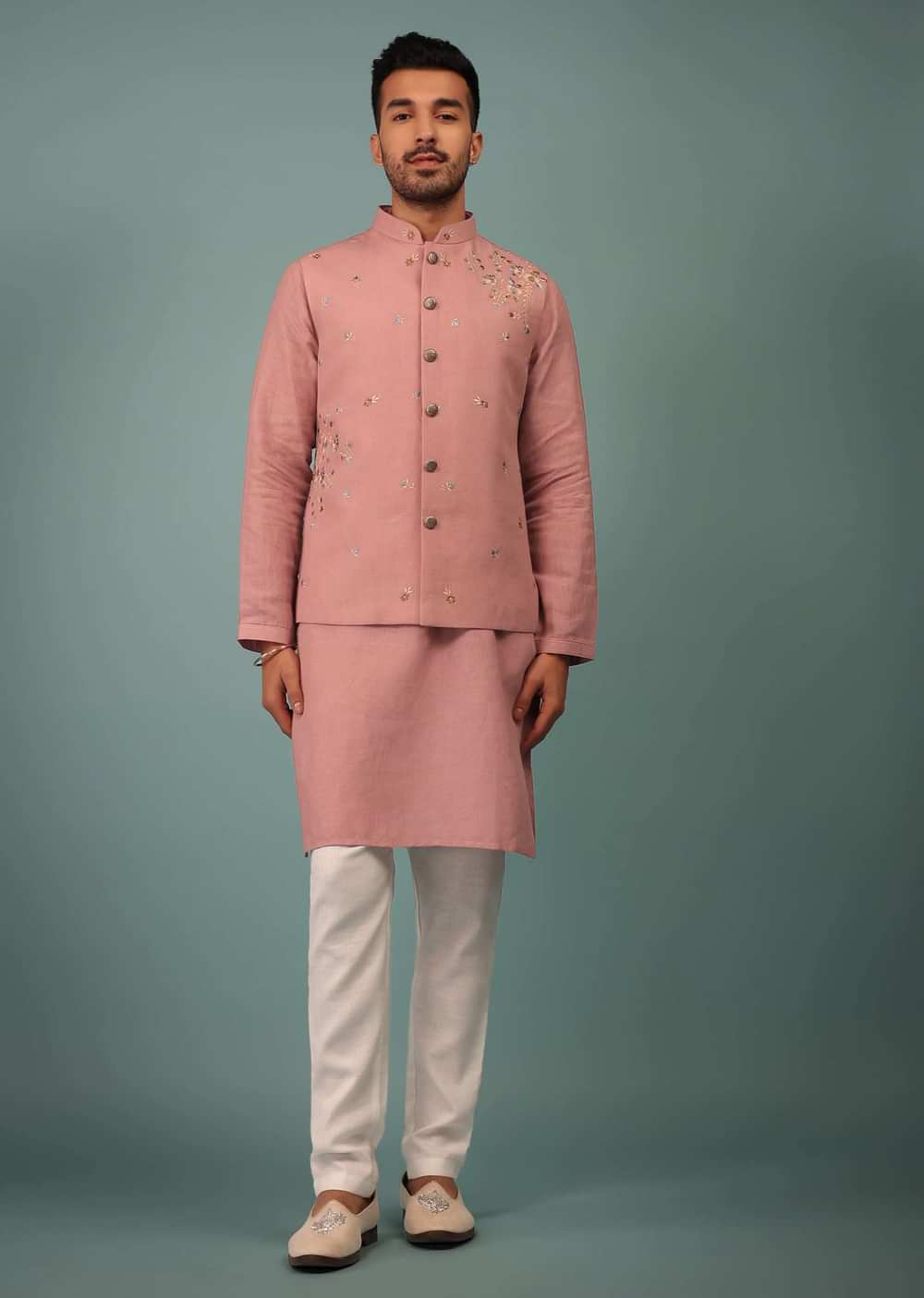 Salmon Pink Bandi Jacket Set In Linen With Blooming Floral Embroidery