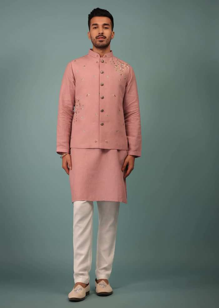 Salmon Pink Bandi Jacket Set In Linen With Blooming Floral Embroidery