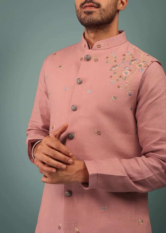 Salmon Pink Bandi Jacket Set In Linen With Blooming Floral Embroidery