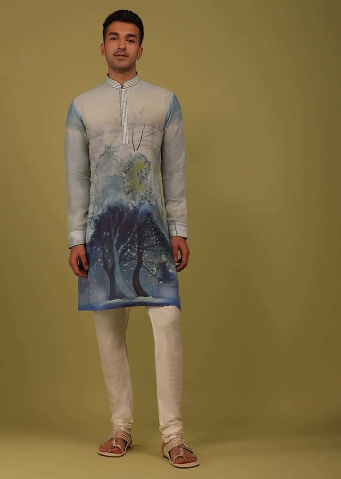 Powder Blue Printed Linen Kurta