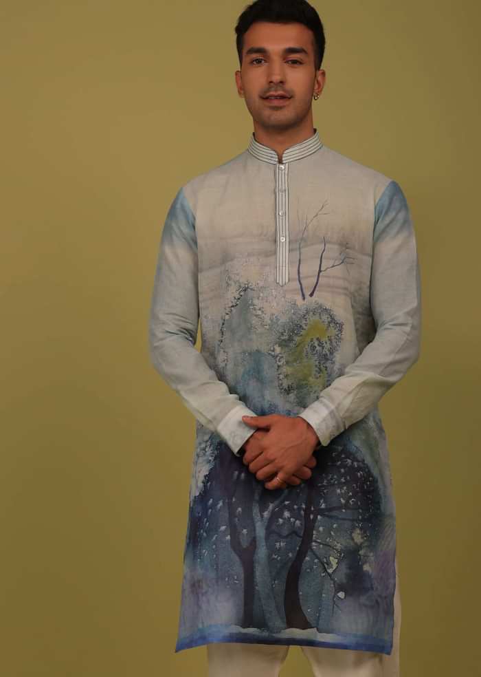 Powder Blue Printed Linen Kurta