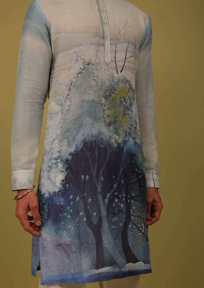 Powder Blue Printed Linen Kurta