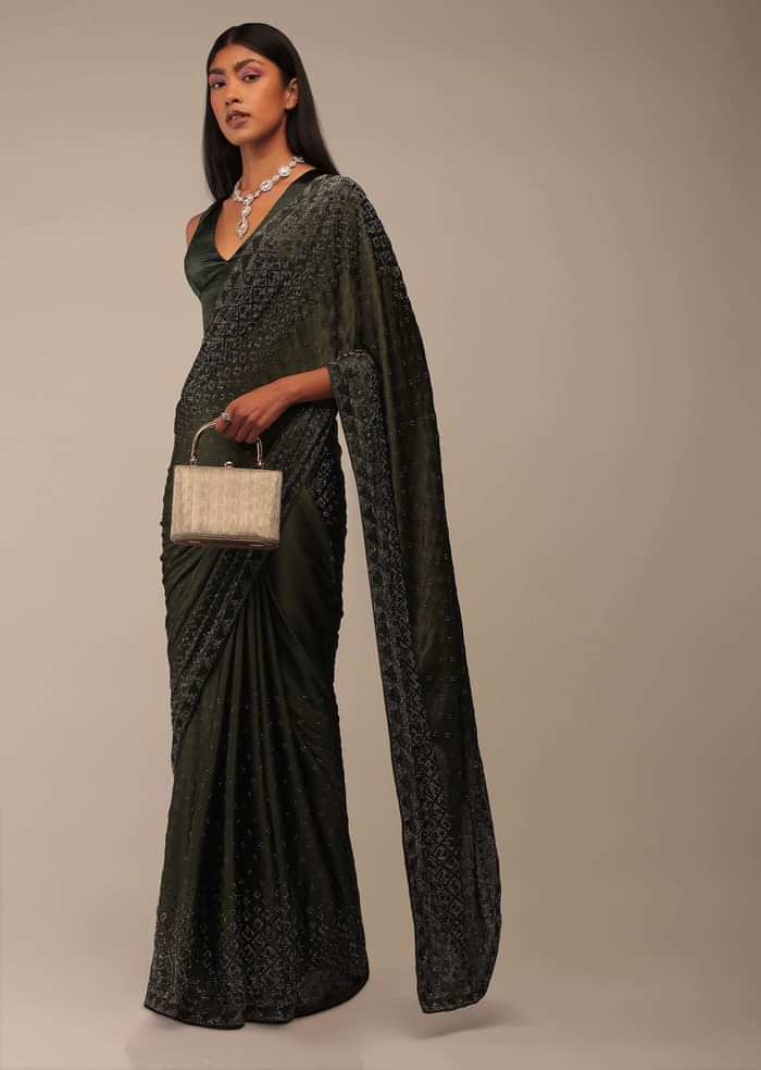 Kombu Green Saree With Stones Embellishment, Crafted In Chiffon With Stones Embellished In Buttis