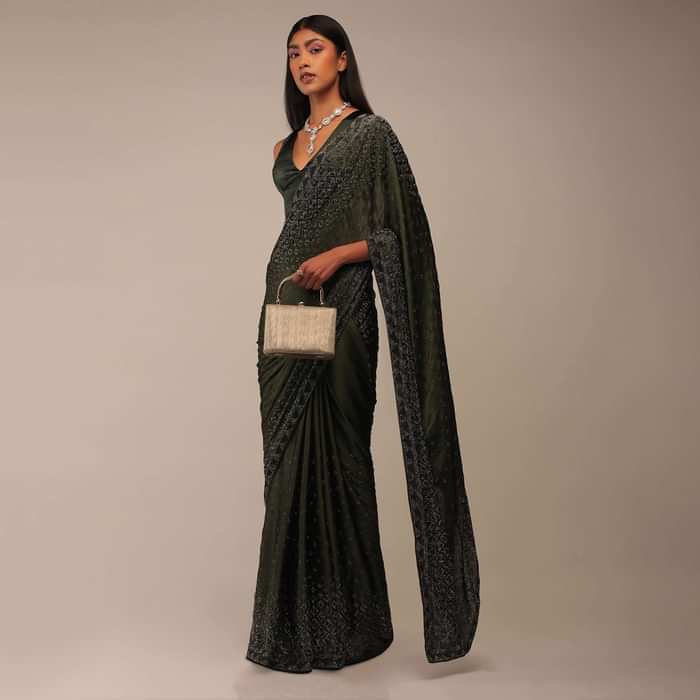Kombu Green Saree With Stones Embellishment, Crafted In Chiffon With Stones Embellished In Buttis