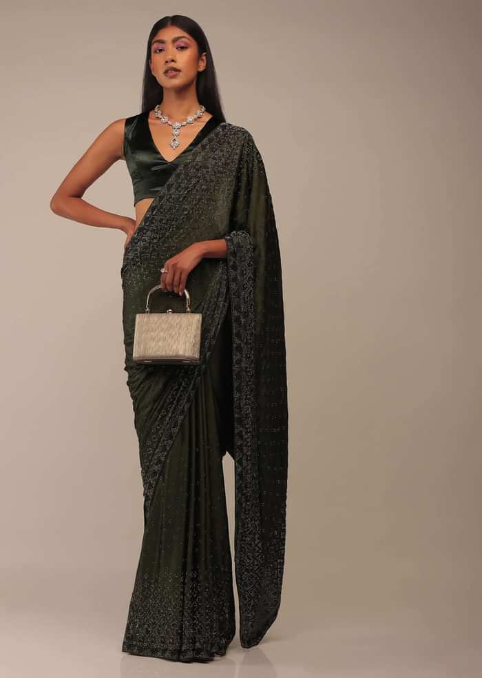 Kombu Green Saree With Stones Embellishment, Crafted In Chiffon With Stones Embellished In Buttis