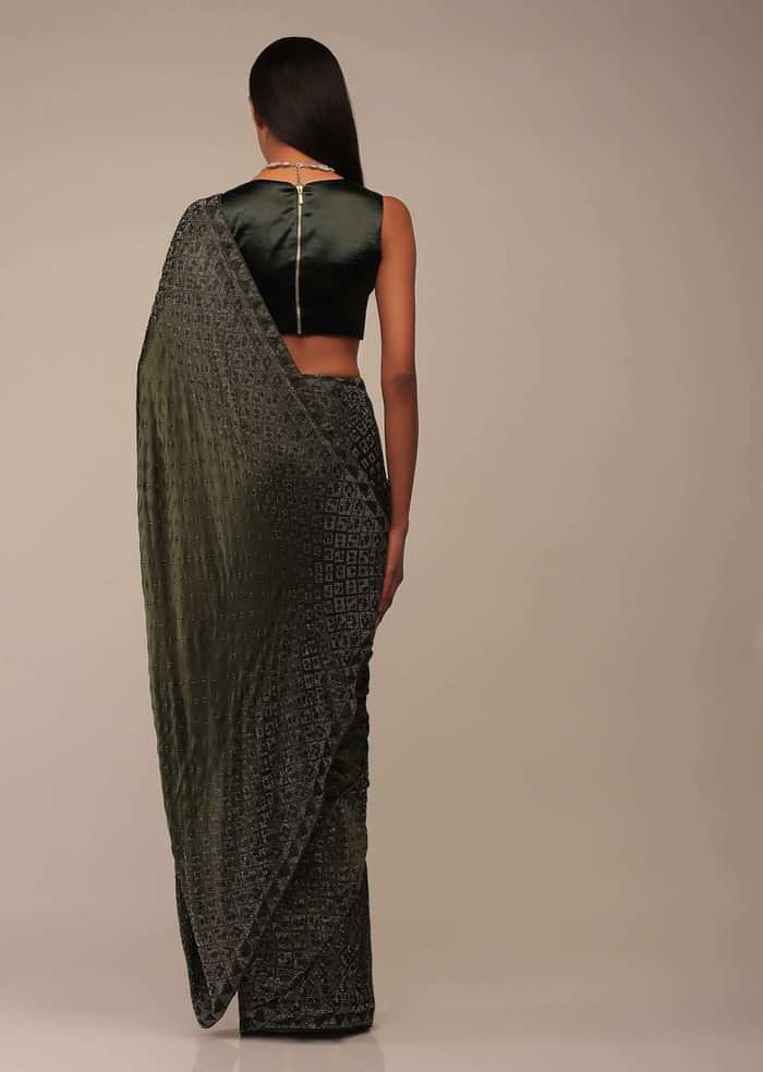 Kombu Green Saree With Stones Embellishment, Crafted In Chiffon With Stones Embellished In Buttis
