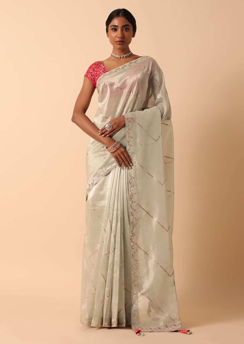 Kora Silk Beige Saree With Unstitched Blouse Fabric