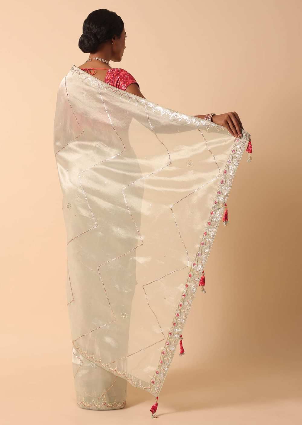 Kora Silk Beige Saree With Unstitched Blouse Fabric