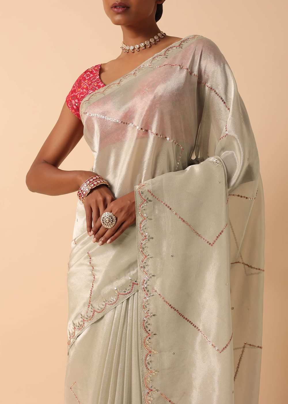 Kora Silk Beige Saree With Unstitched Blouse Fabric