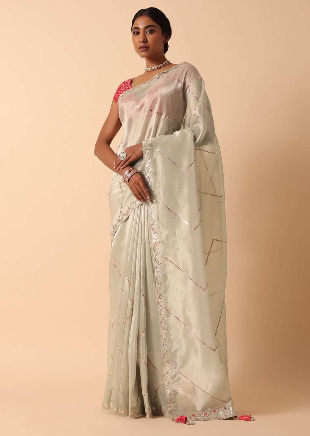 Kora Silk Beige Saree With Unstitched Blouse Fabric
