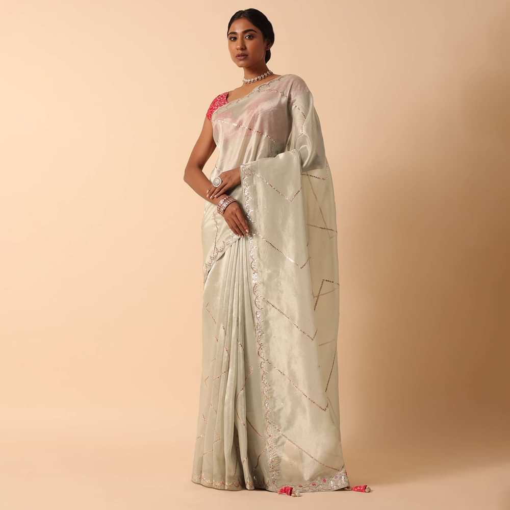 Kora Silk Beige Saree With Unstitched Blouse Fabric