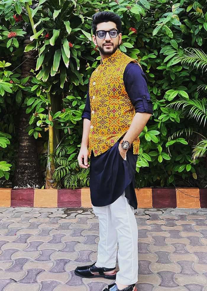 Mustard Nehru Jacket And Navy Blue Kurta Set With Patola Printed Jaal
