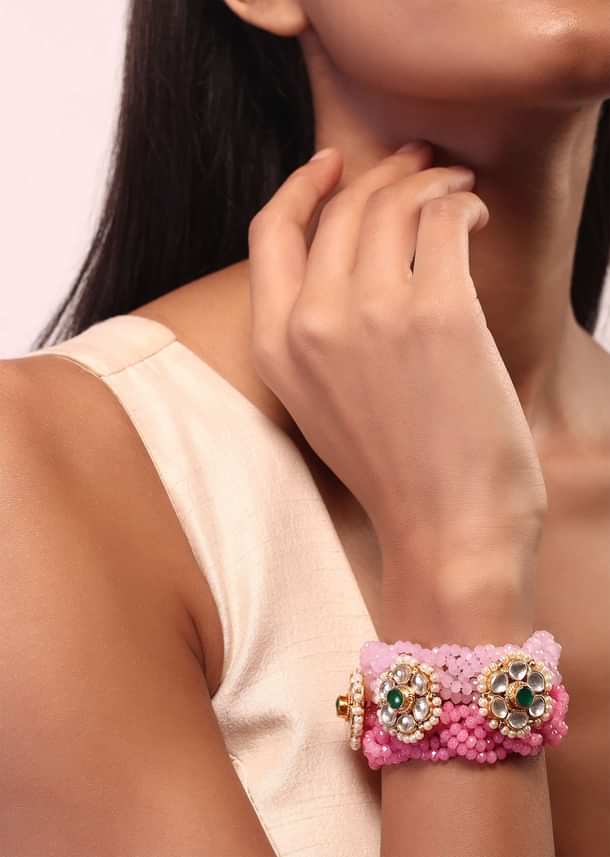 Kundan Bracelet With Pink Crystal Beads Kundan Bracelet With Pink Crystal Beads