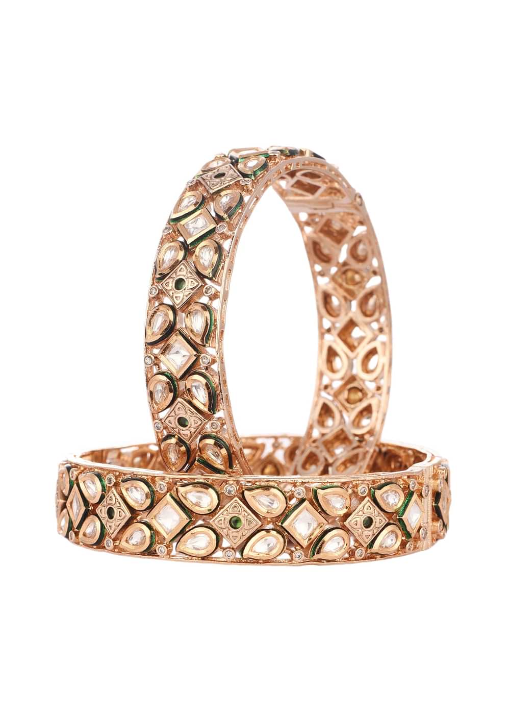 Kundan Polki Mixed Metal Bangles In Antique Gold And Green