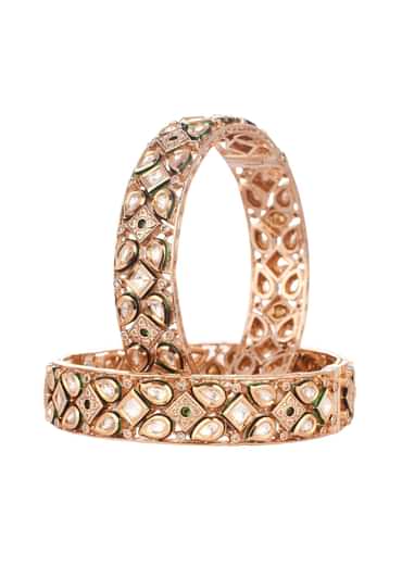 Kundan Polki Mixed Metal Bangles In Antique Gold And Green