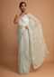 Laurel Green Saree In Net With Stone And Moti Embroidered Checks And Floral Motifs Online - Kalki Fashion