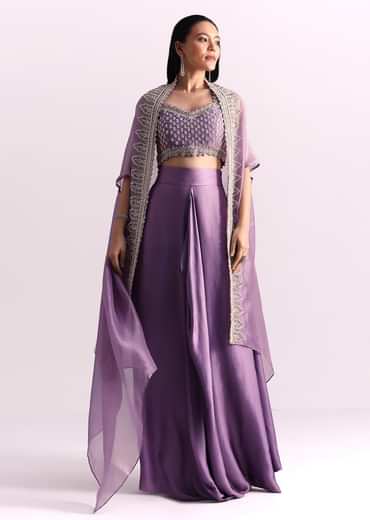 Lavendar Embroidered Crop Top And Sequin Work Jacket With Draped Skirt