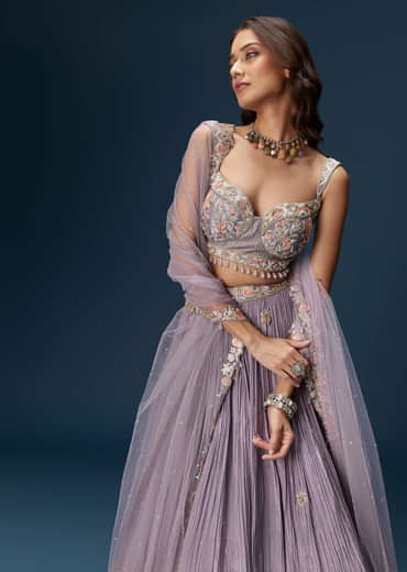 Lavender Bridesmaid Lehenga With Sweetheart Neckline Blouse And Embroidered Dupatta