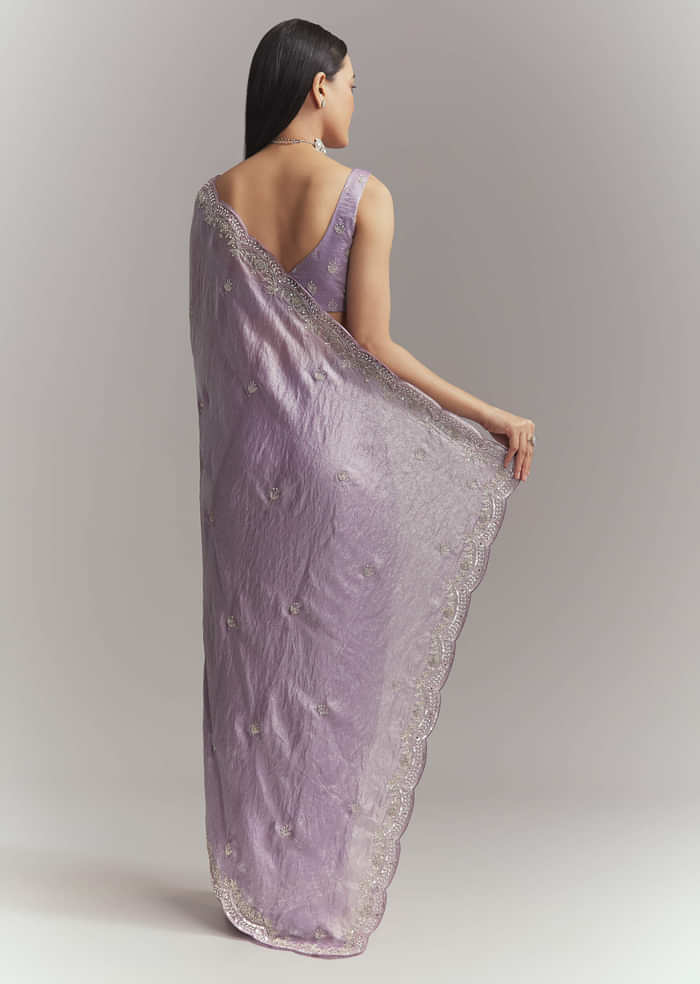 Lavender Chinon Embroidered Saree With Floral Embroidery