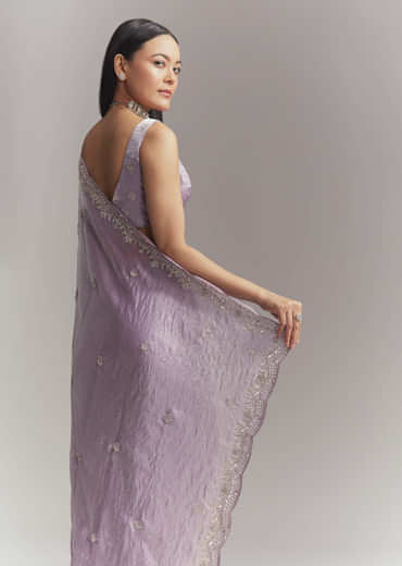 Lavender Chinon Embroidered Saree With Floral Embroidery