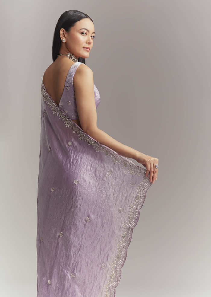 Lavender Chinon Embroidered Saree With Floral Embroidery