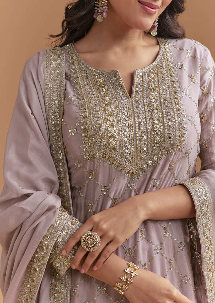 Lavender Chinon Palazzo Suit With Intricate Sequins Work