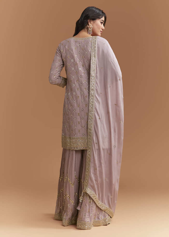 Lavender Chinon Palazzo Suit With Intricate Sequins Work