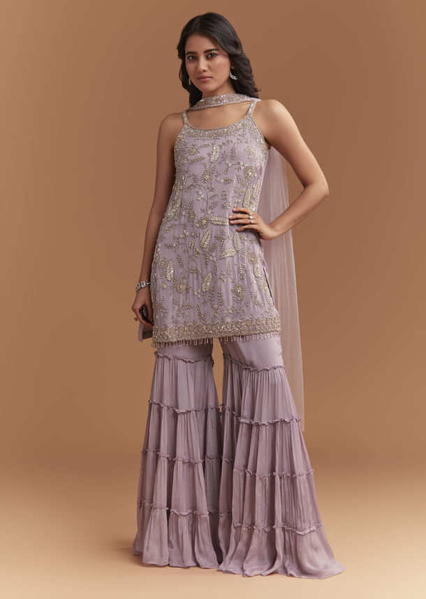 Lavender Chinon Sharara Suit With Cutdana And Sequins Work Lavender Chinon Sharara Suit With Cutdana And Sequins Work