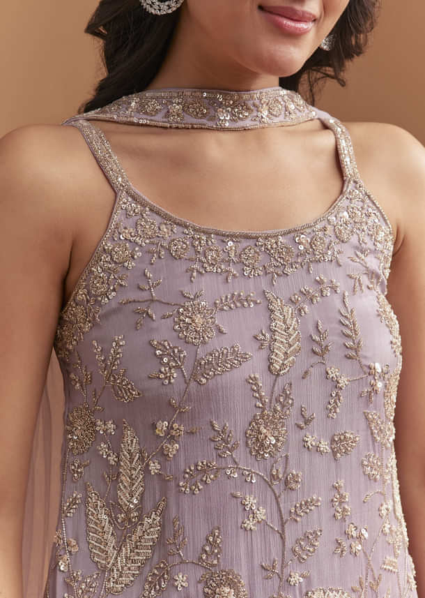 Lavender Chinon Sharara Suit With Cutdana And Sequins Work Lavender Chinon Sharara Suit With Cutdana And Sequins Work