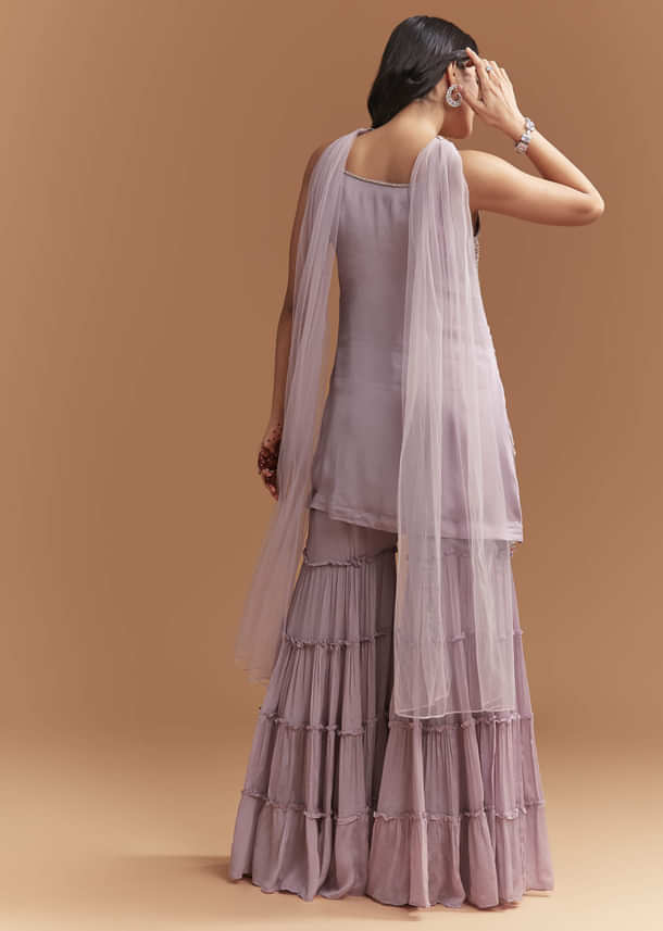 Lavender Chinon Sharara Suit With Cutdana And Sequins Work Lavender Chinon Sharara Suit With Cutdana And Sequins Work