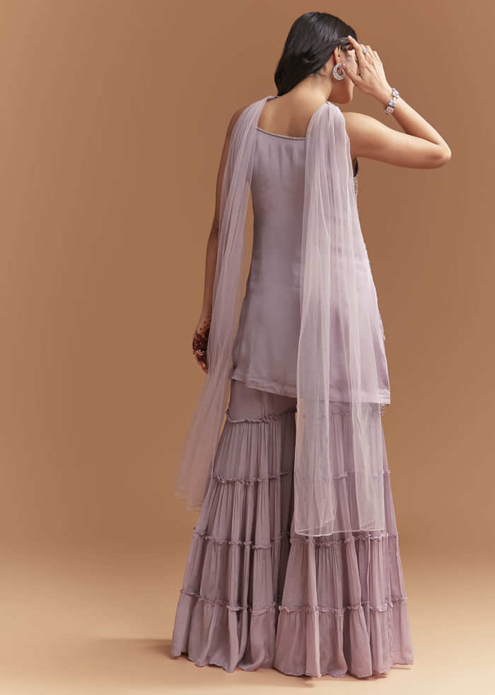 Lavender Chinon Sharara Suit With Cutdana And Sequins Work