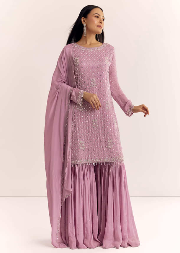 Lavender Chinon Sharara Suit With Cutdana Moti And Sequins Lavender Chinon Sharara Suit With Cutdana Moti And Sequins