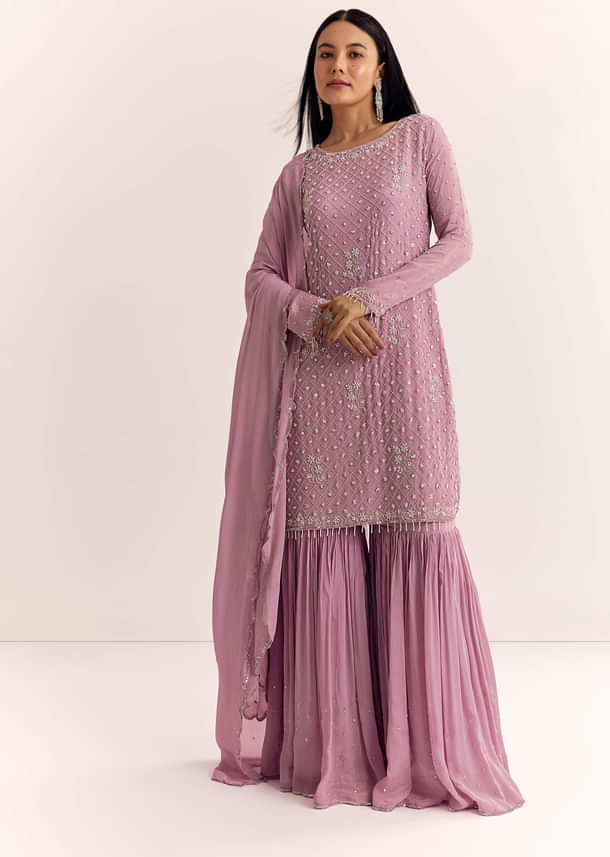 Lavender Chinon Sharara Suit With Cutdana Moti And Sequins Lavender Chinon Sharara Suit With Cutdana Moti And Sequins