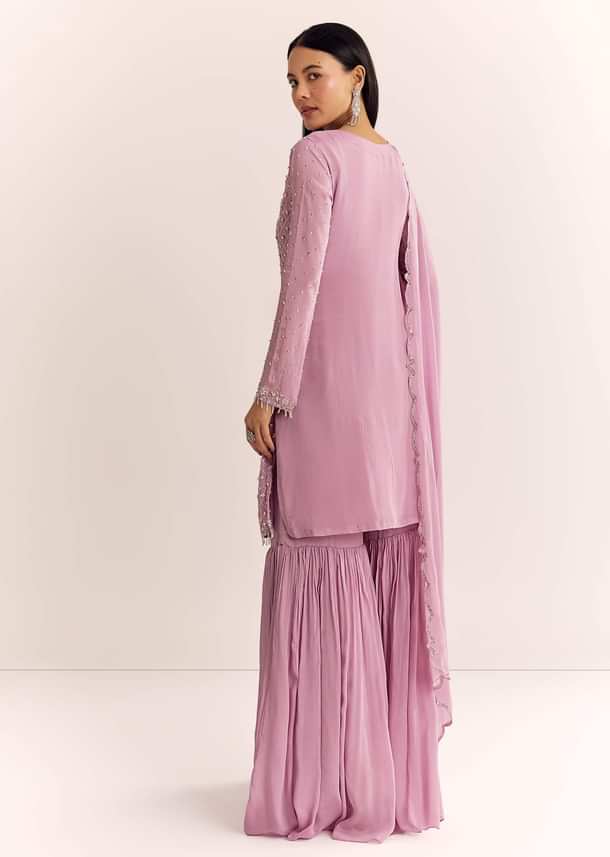 Lavender Chinon Sharara Suit With Cutdana Moti And Sequins Lavender Chinon Sharara Suit With Cutdana Moti And Sequins