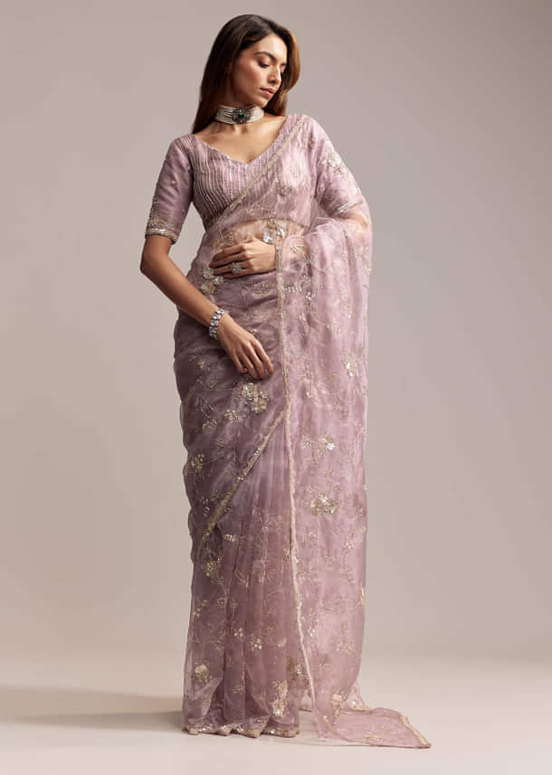Lavender Crush Tissue Saree With Floral Embroidery