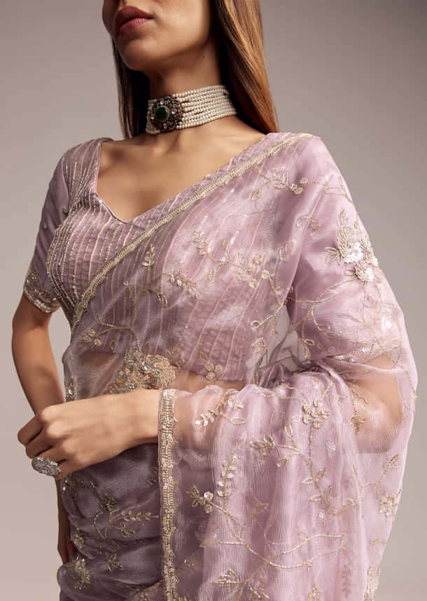 Lavender Crush Tissue Saree With Floral Embroidery