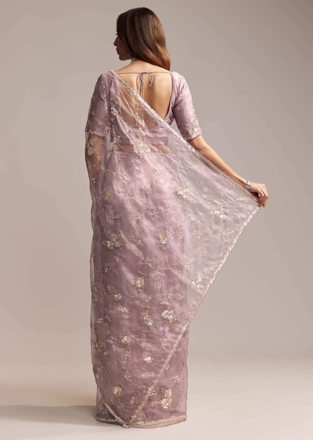 Lavender Crush Tissue Saree With Floral Embroidery