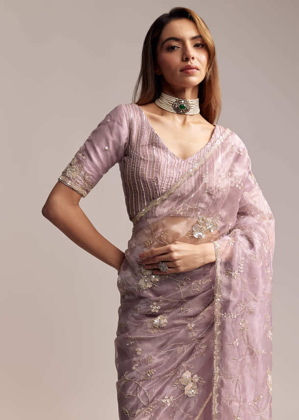 Lavender Crush Tissue Saree With Floral Embroidery