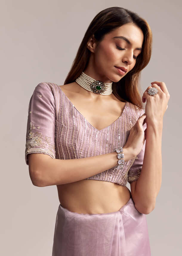 Lavender Crush Tissue Saree With Floral Embroidery