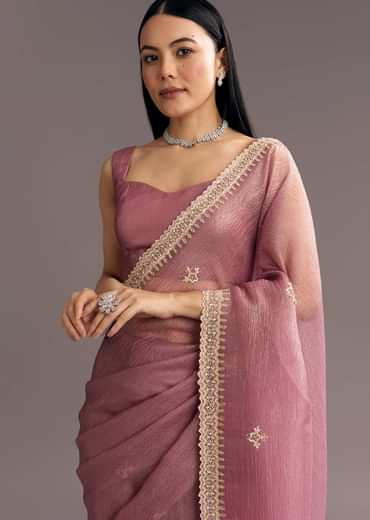 Lavender Crushed Tissue Saree With Stones And Cutdana Embroidery