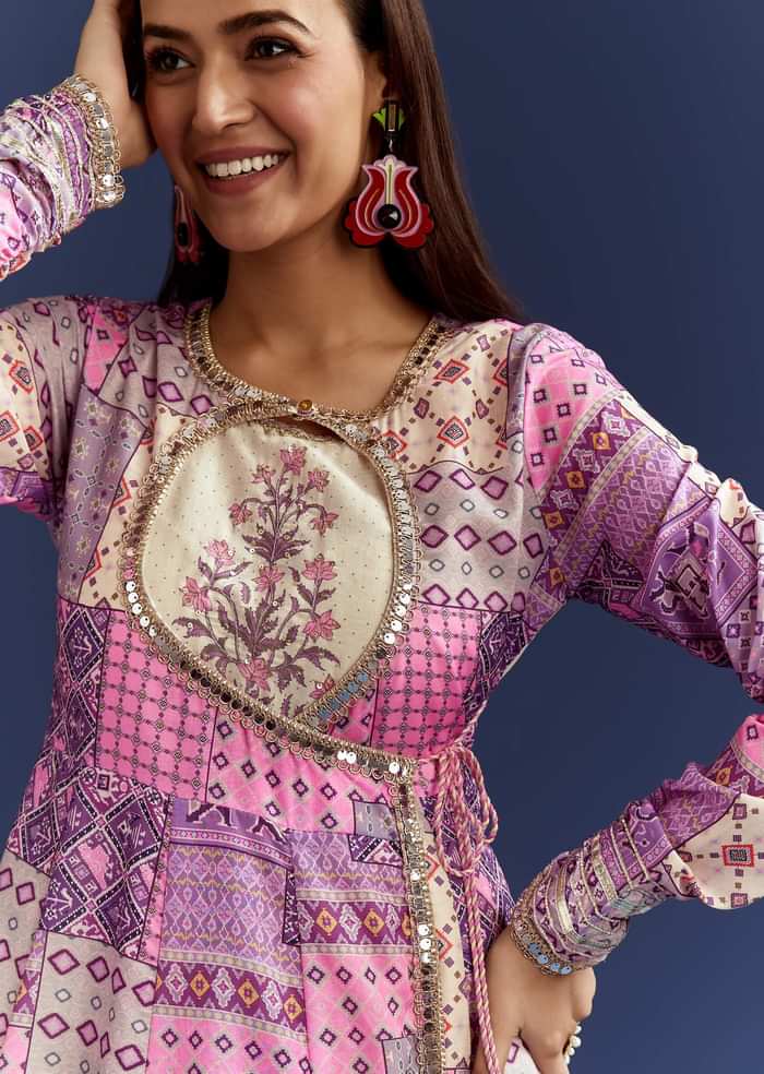 Lavender Floral Gotta Lace Kurta With Angrakha Jacket