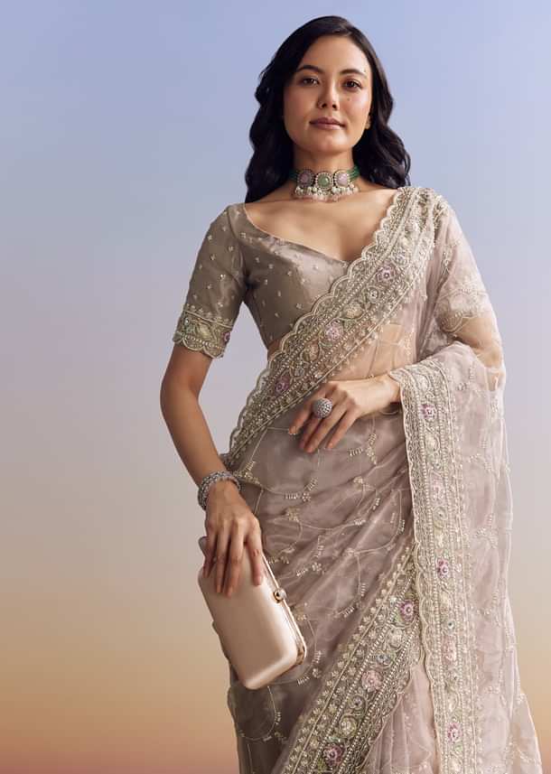 Lavender Glass Tissue Saree With Multicolor Sequins And Heavy Jaal